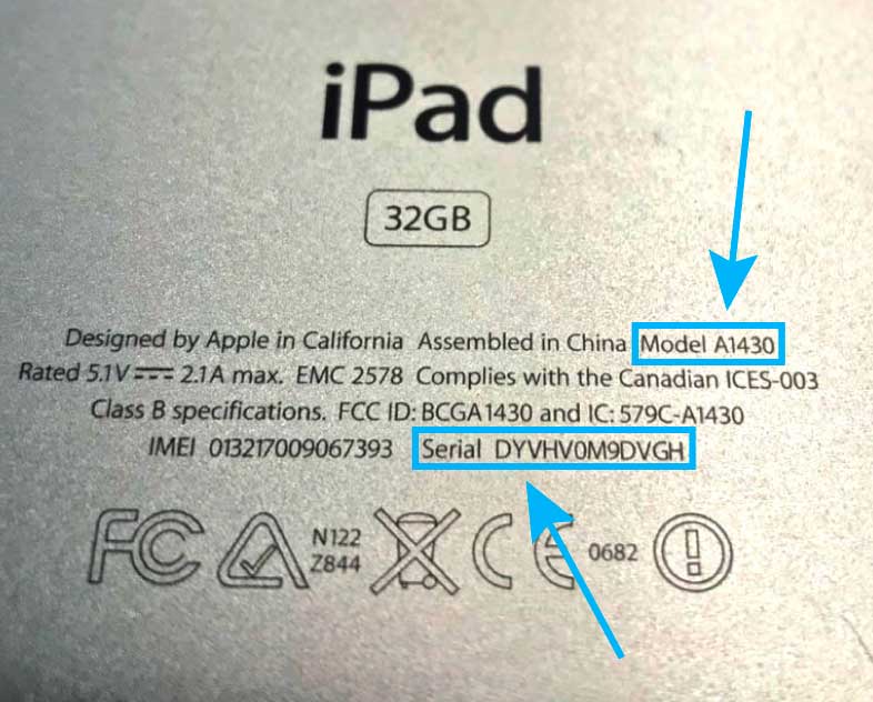 Серийный номер iPad на его задней крышке